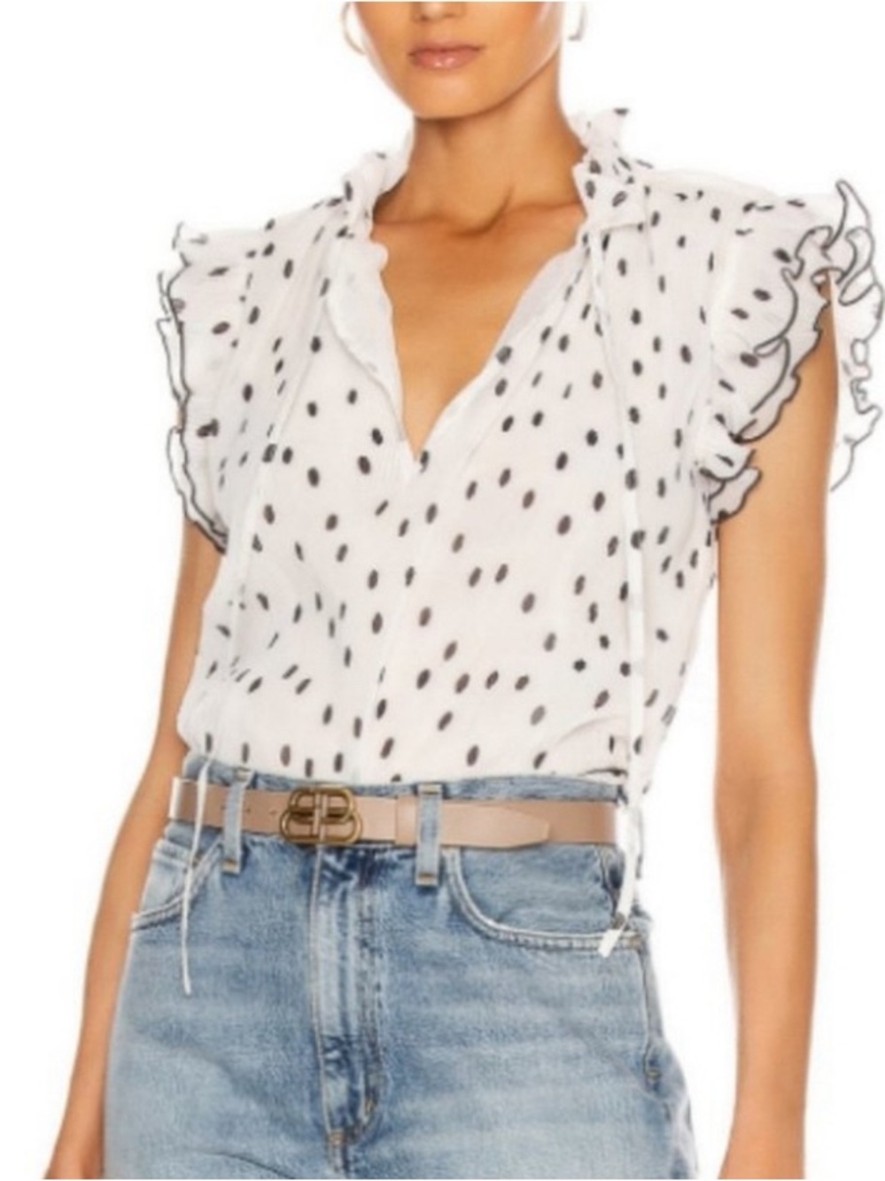 Ganni White Blouse with Black Polka Dots and Ruffle Sleeves
